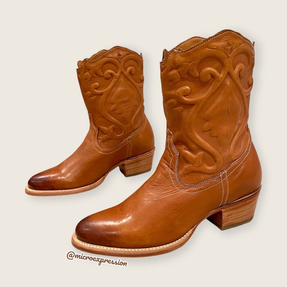 $399 Frye Floral Botanical Leaf Vine Cognac Brown Leather Cowboy Western Boot - Picture 10 of 15